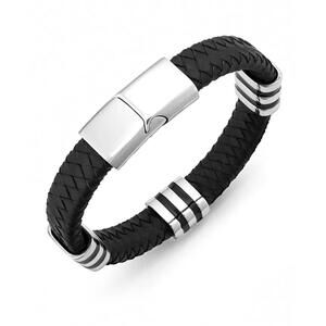 Men's Stainless Steel Striped Station and Herringbone Leather Bracelet